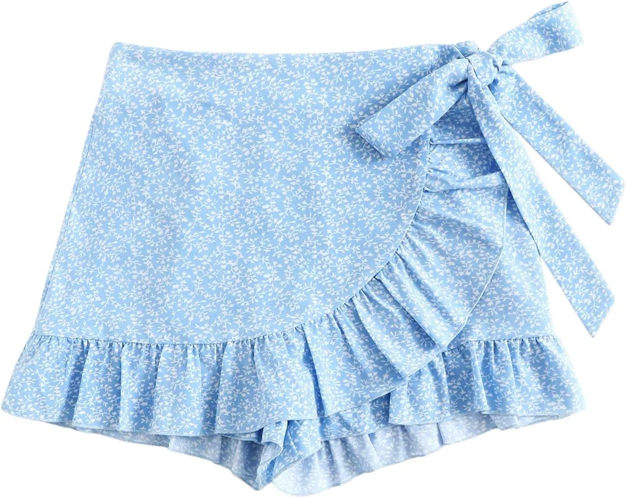 MakeMeChic Women's Boho Floral Print Elastic Waist Ruffle Wrap Tie Skorts Skirt Skorts