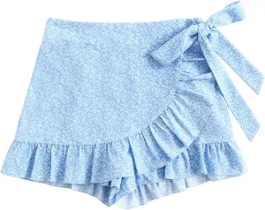 MakeMeChic Women's Boho Floral Print Elastic Waist Ruffle Wrap Tie Skorts Skirt Skorts