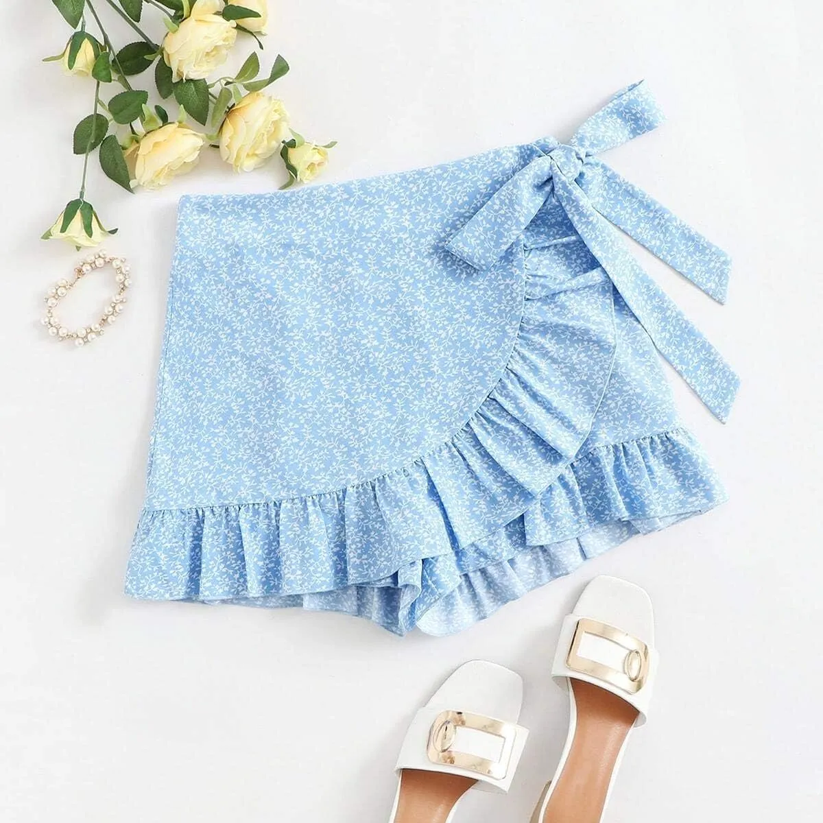 MakeMeChic Women's Boho Floral Print Elastic Waist Ruffle Wrap Tie Skorts Skirt Skorts