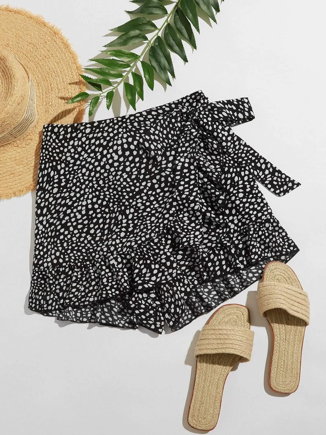 MakeMeChic Women's Boho Floral Print Elastic Waist Ruffle Wrap Tie Skorts Skirt Skorts