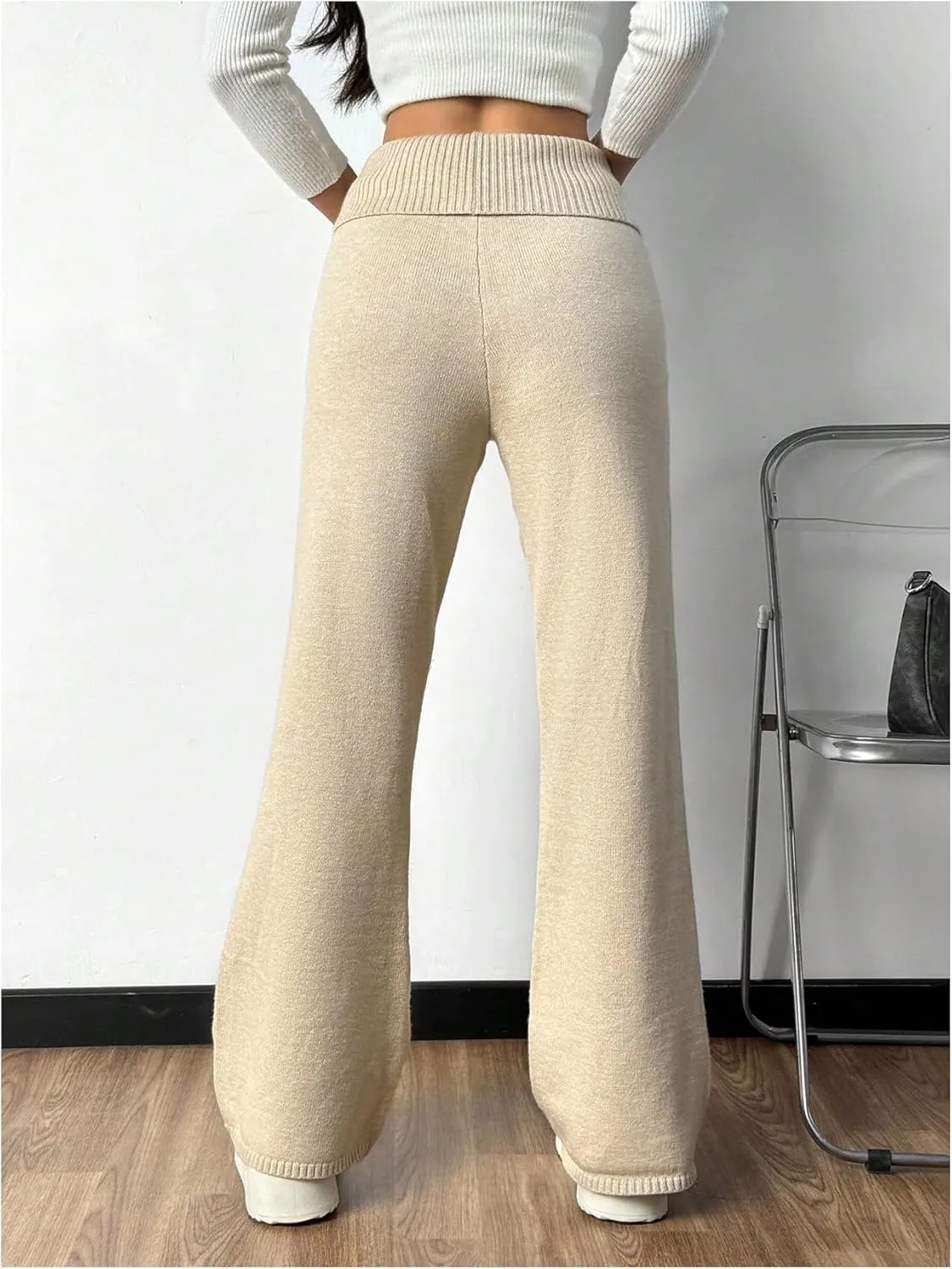 MakeMeChic Women's Flared Leg Pants Elastic Waist Ribbed Knit Bell Bottoms Bootcut Trousers Lounge Pants