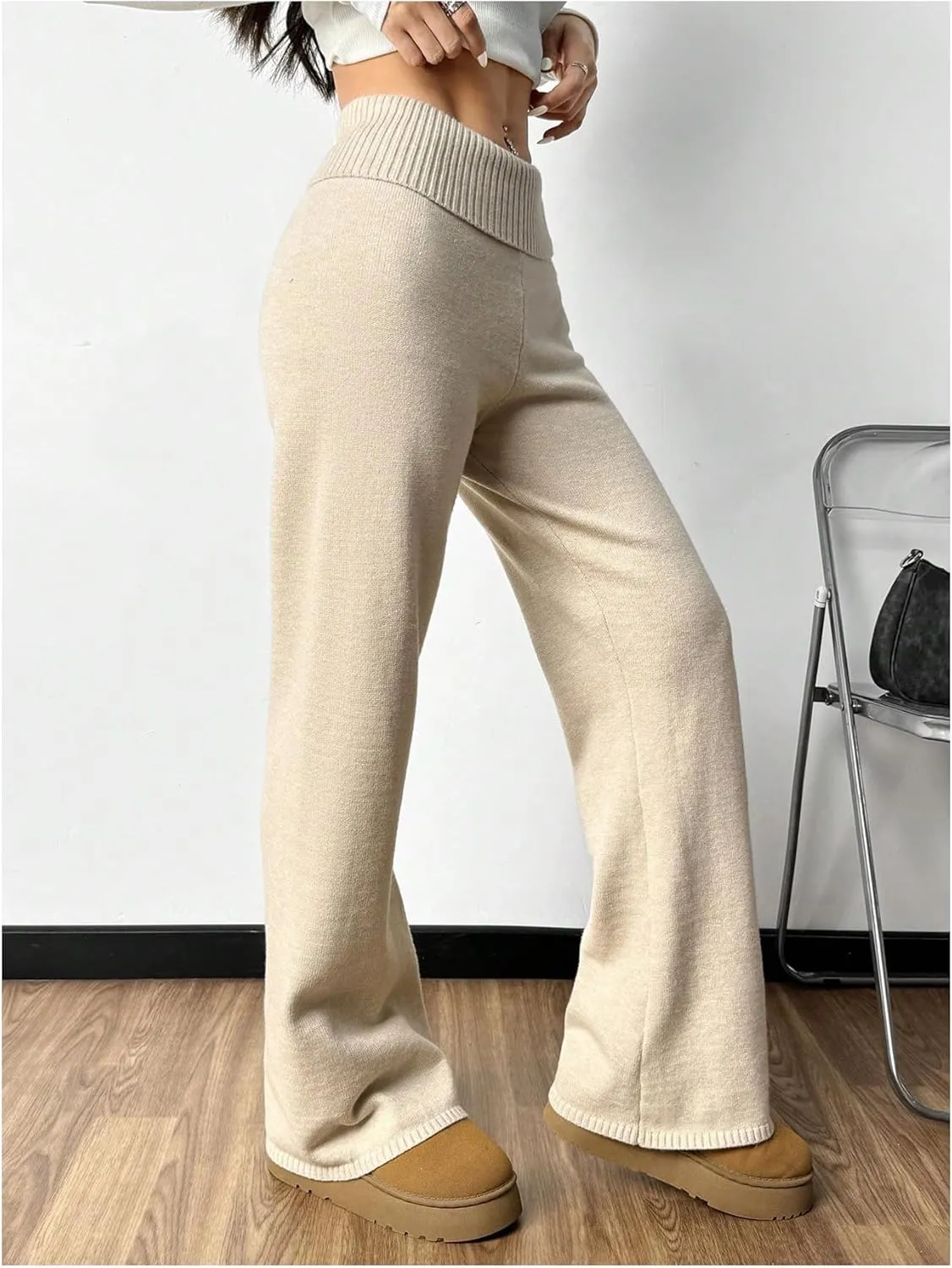 MakeMeChic Women's Flared Leg Pants Elastic Waist Ribbed Knit Bell Bottoms Bootcut Trousers Lounge Pants
