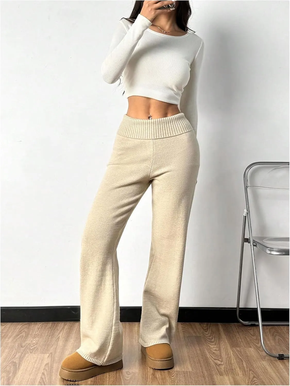 MakeMeChic Women's Flared Leg Pants Elastic Waist Ribbed Knit Bell Bottoms Bootcut Trousers Lounge Pants