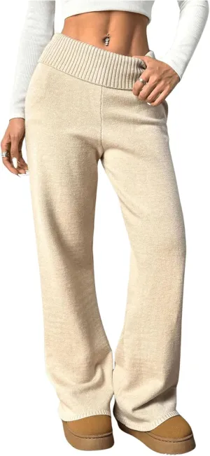 MakeMeChic Women's Flared Leg Pants Elastic Waist Ribbed Knit Bell Bottoms Bootcut Trousers Lounge Pants