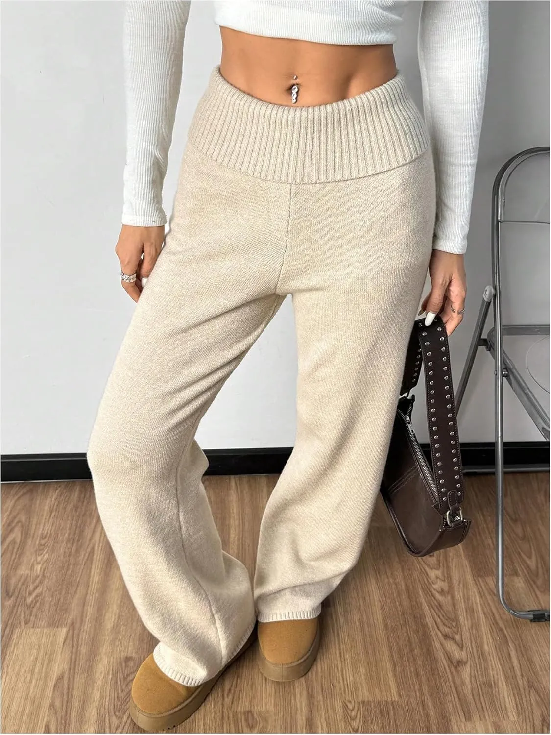 MakeMeChic Women's Flared Leg Pants Elastic Waist Ribbed Knit Bell Bottoms Bootcut Trousers Lounge Pants