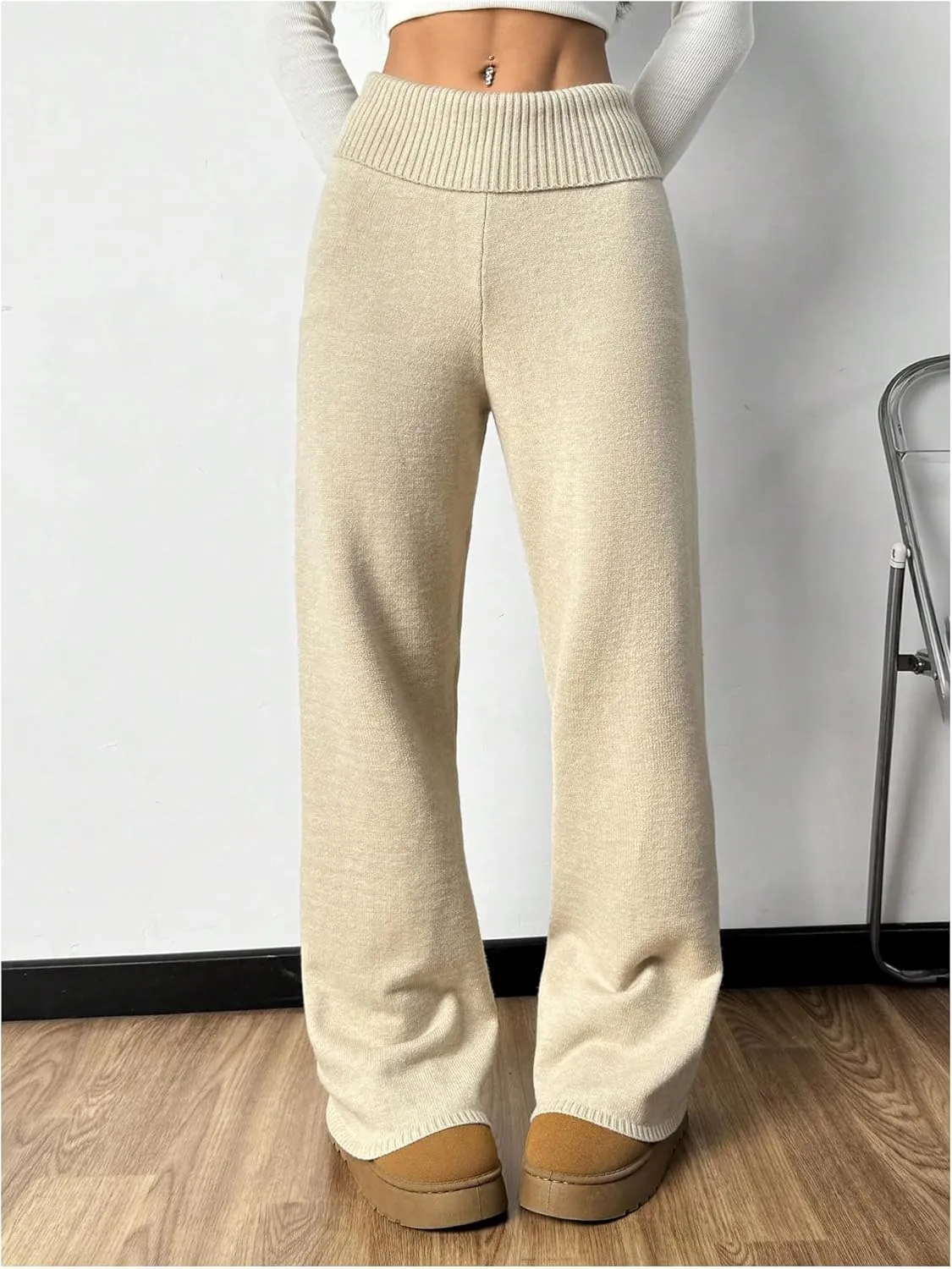 MakeMeChic Women's Flared Leg Pants Elastic Waist Ribbed Knit Bell Bottoms Bootcut Trousers Lounge Pants