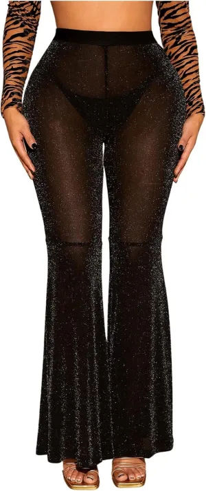 MakeMeChic Women's Glitter Mesh Sheer Elastic Waist Flare Leg Pants Party Bell Bottoms