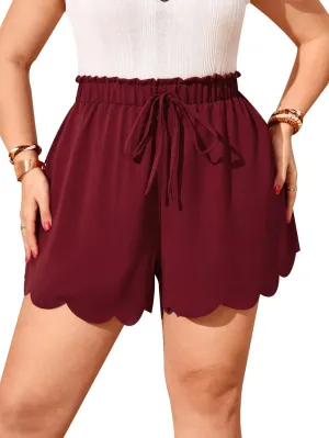 MakeMeChic Women's Plus Size Elastic Waist Scallop Trim Flowy Wide Leg Shorts