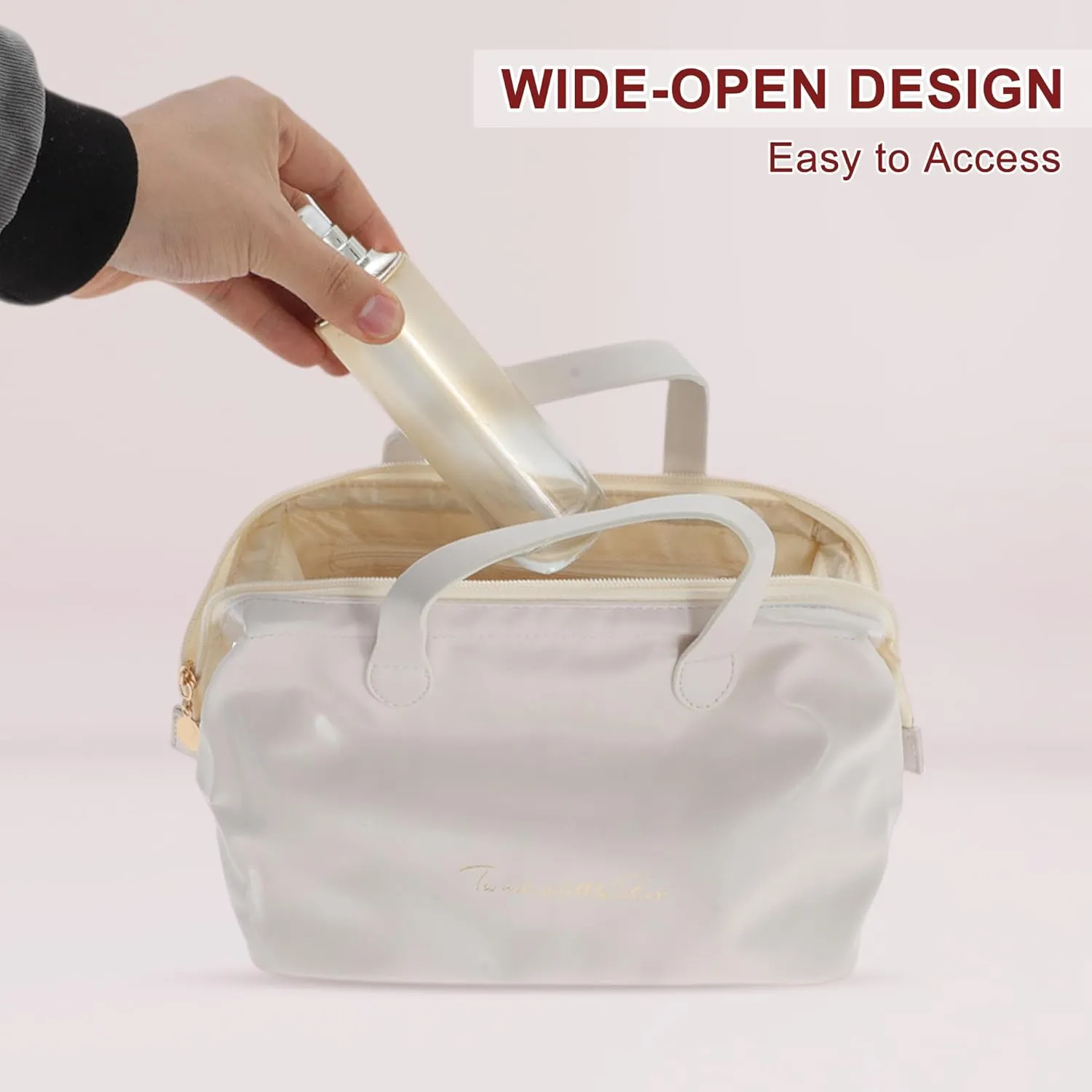 Makeup Bag, Large Capacity PU Travel Cosmetic Bag for Women, Toiletry Bag, Waterproof and Durable Make Up Bag with Multiple Compartments, Beige