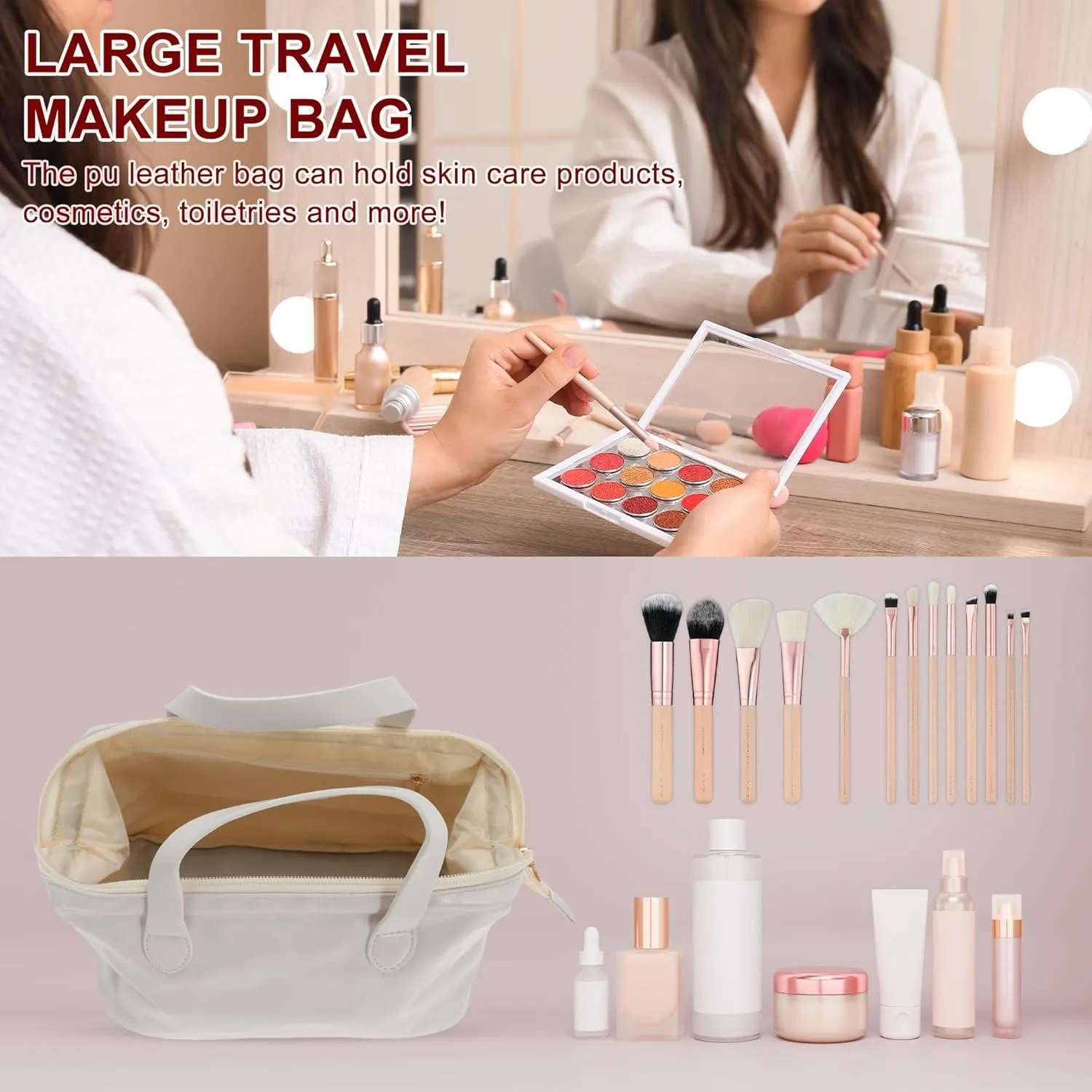 Makeup Bag, Large Capacity PU Travel Cosmetic Bag for Women, Toiletry Bag, Waterproof and Durable Make Up Bag with Multiple Compartments, Beige