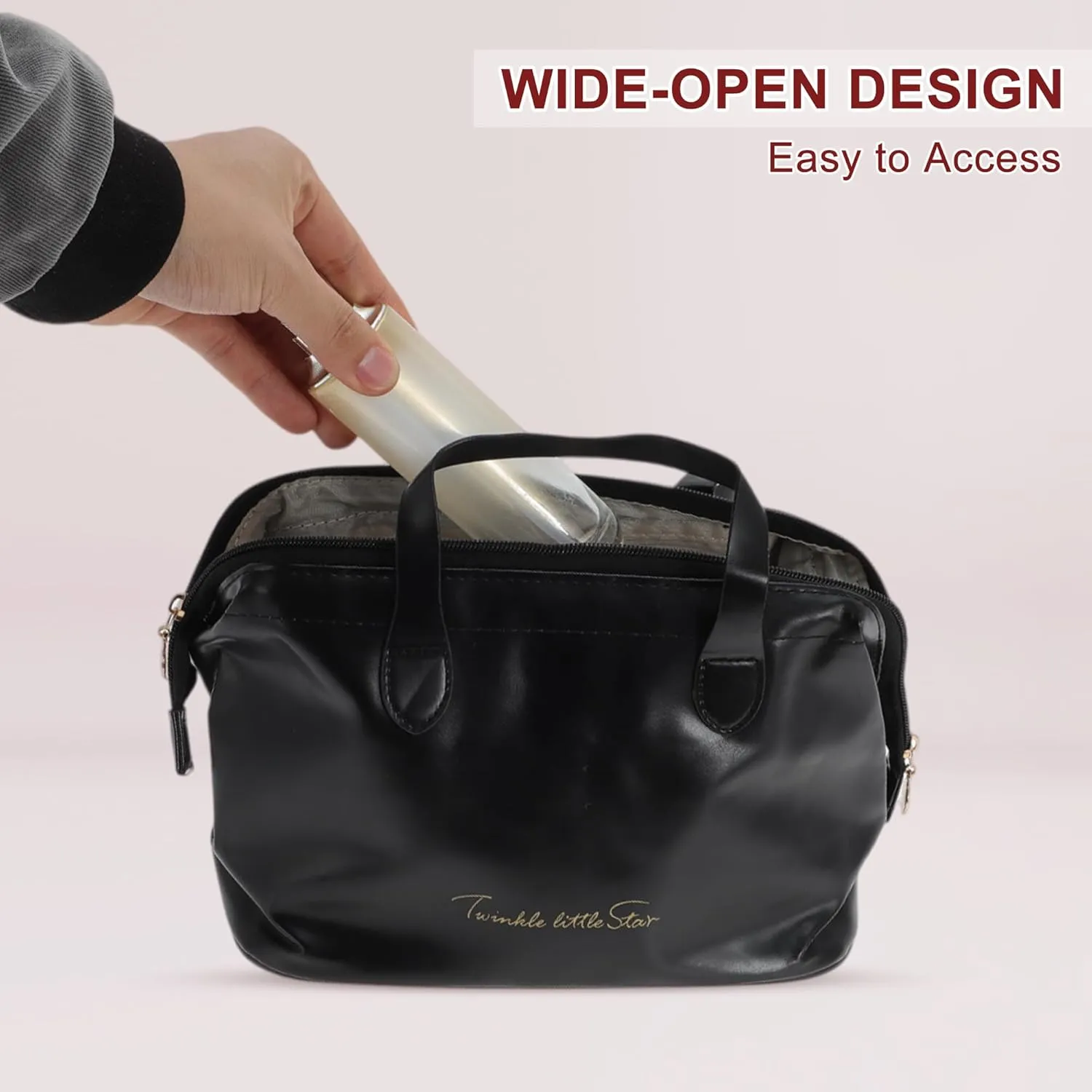 Makeup Bag, Large Capacity PU Travel Cosmetic Bag for Women, Toiletry Bag, Waterproof and Durable Make Up Bag with Multiple Compartments, Black