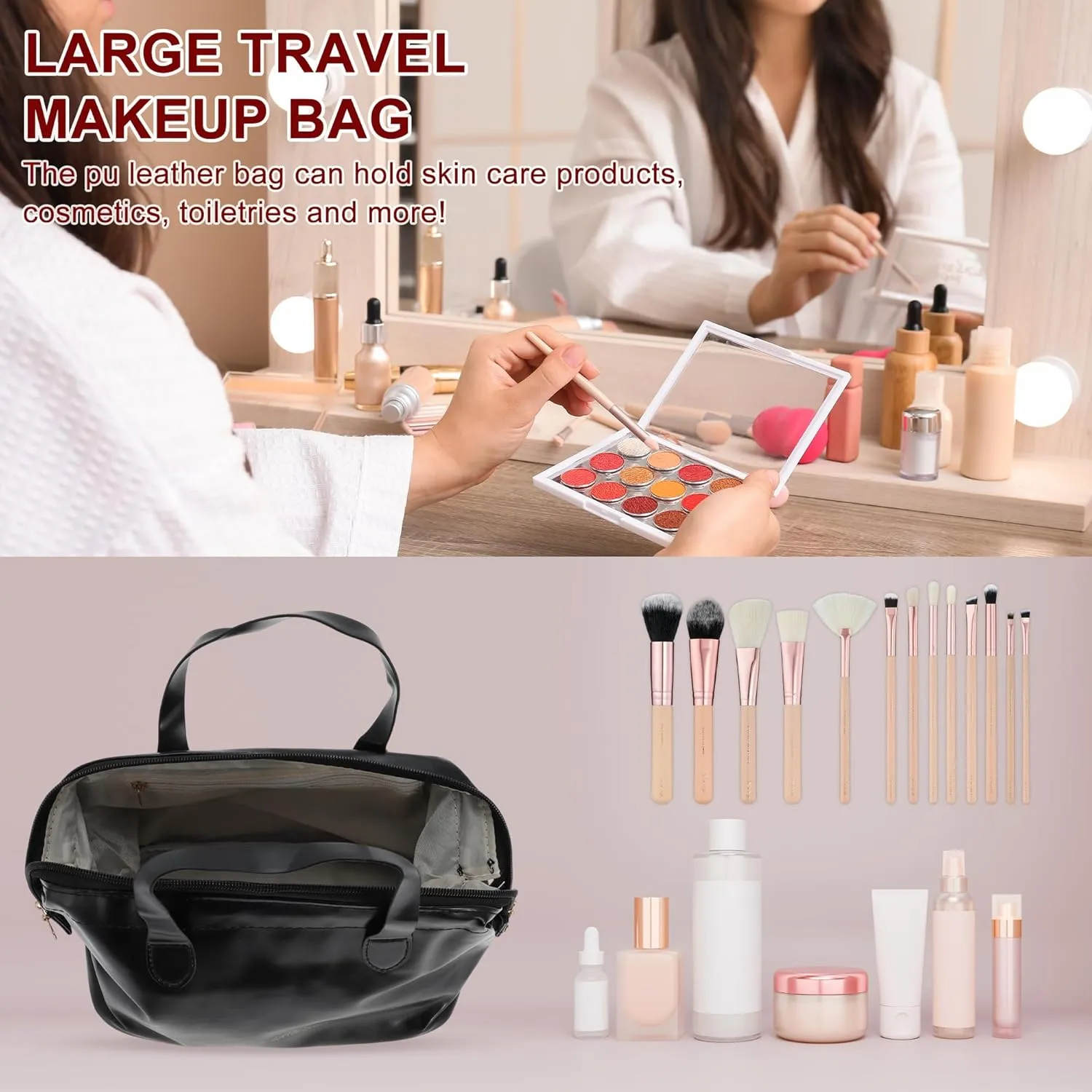 Makeup Bag, Large Capacity PU Travel Cosmetic Bag for Women, Toiletry Bag, Waterproof and Durable Make Up Bag with Multiple Compartments, Black