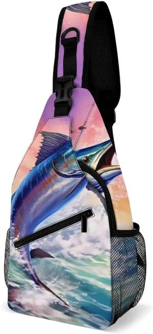 Marlin Fish Swordfish Sling Backpack Multipurpose Crossbody Shoulder Bag Printed Chest Bag Travel Hiking Daypack