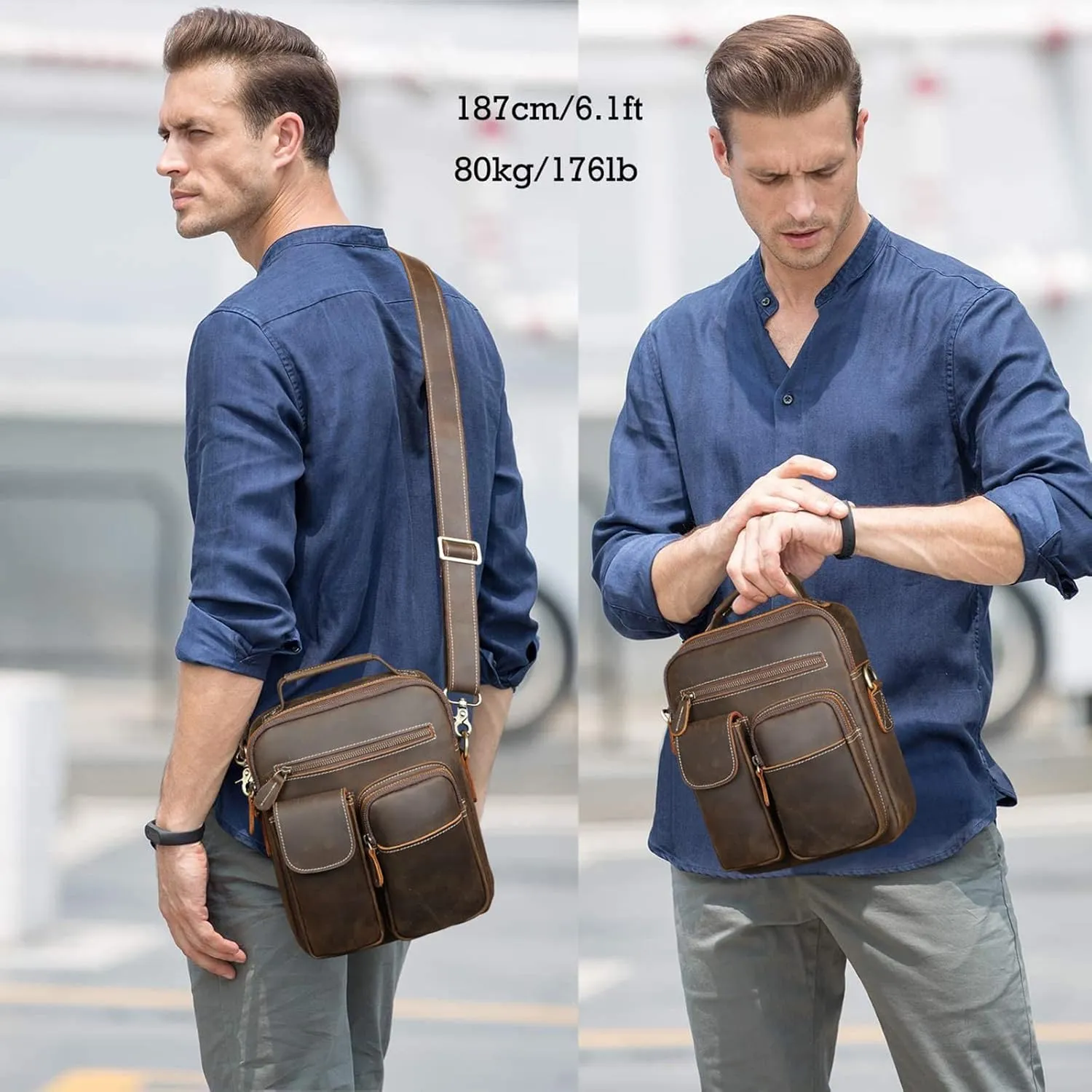 Masa Kawa Leather Shoulder Bag for Men Crossbody Messenger Casual Work 10" Tablet Bags