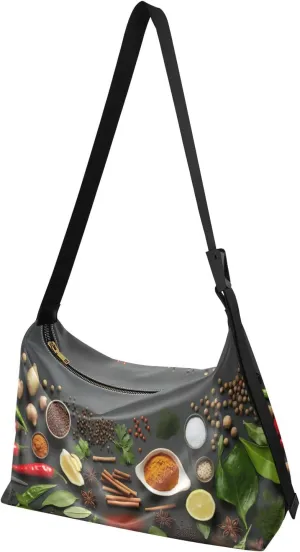 MCHIVER Black Herbs Spices Hobo Shoulder Bag for Women Men PU Leather Crossbody Bag Slouchy Tote Handbags for Working Traveling Shopping