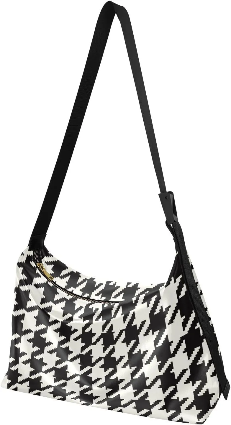 MCHIVER Classic Houndstooth Hobo Shoulder Bag for Women Men PU Leather Crossbody Bag Slouchy Tote Handbags for Traveling Working Shopping