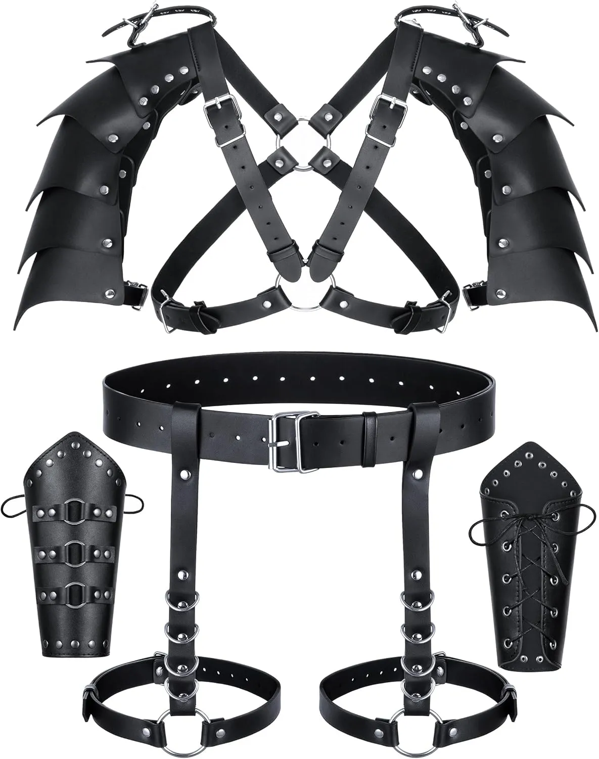 Medieval Knight PU Leather Leggings Corset Belt Shawl Renaissance Shoulder Cape Scarf Bracers Accessories