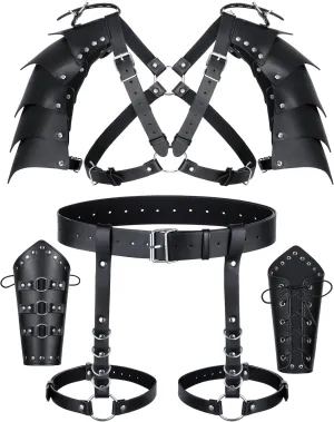 Medieval Knight PU Leather Leggings Corset Belt Shawl Renaissance Shoulder Cape Scarf Bracers Accessories