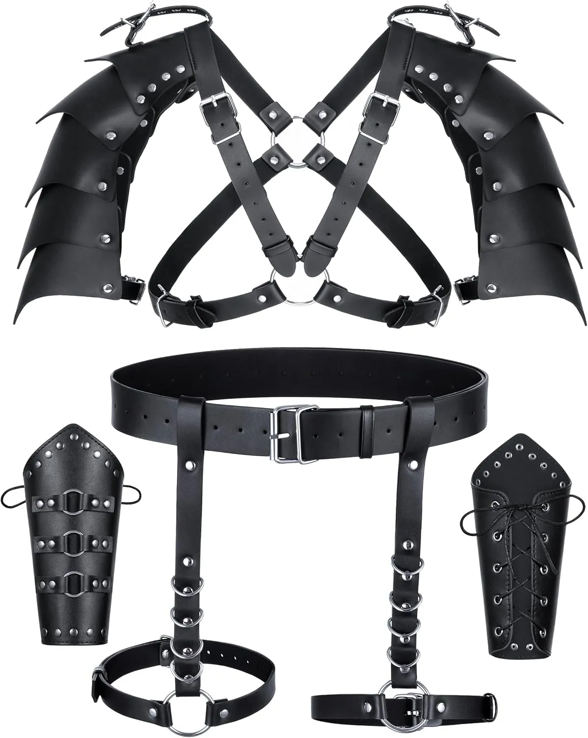 Medieval Knight PU Leather Leggings Corset Belt Shawl Renaissance Shoulder Cape Scarf Bracers Accessories