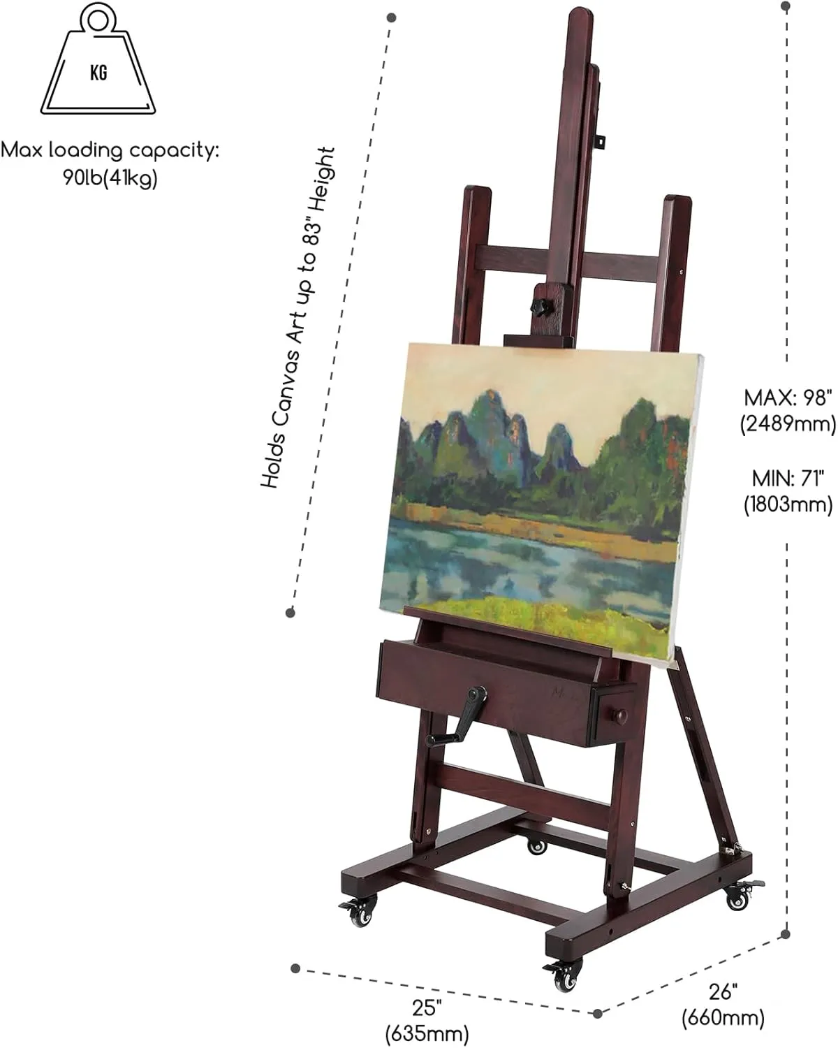 MEEDEN Extra-Large Art Painting Easel - Professional Artist Crank Easel with Height Adjustable 71" to 98" - Heavy Duty Beech Wood Studio Easel - H Frame Easel Stand for Painting Canvas up to 83"