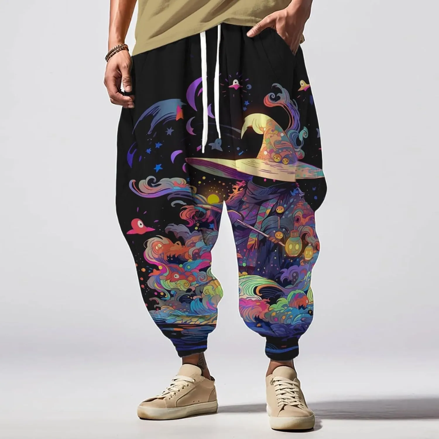 Men Drop Crotch Wide Leg Baggy Harem Pants Men's Autumn Fun Print Fashion Street Feel Casual Loose Drop Crotch