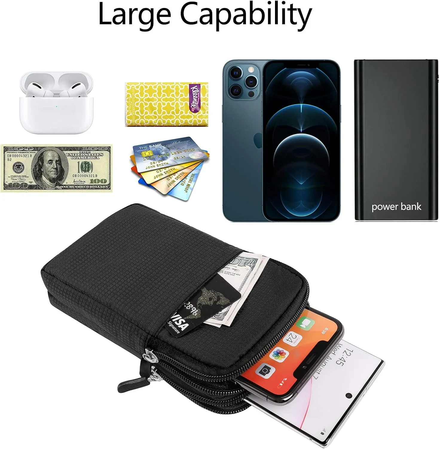 Men Nylon Cell Phone Crossbody Purse Bag Waist Pouch Compatible for Galaxy S25 Ultra S24 Ultra Note 20 S25  S24  S24 FE S23 FE A16 A35 A55 / iPhone 16 Pro Max 16 Plus/Pixel 9 Pro 8a (Black)
