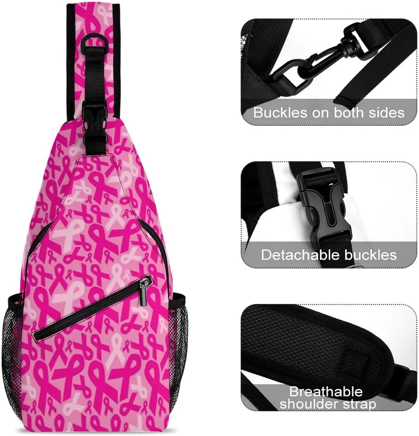 Men Women Sling Bag, for Breast Cancer Ribbons Crossbody Shoulder Chest Bags With Adjustable Strap, For Travel Gym Sport Hiking Shopping