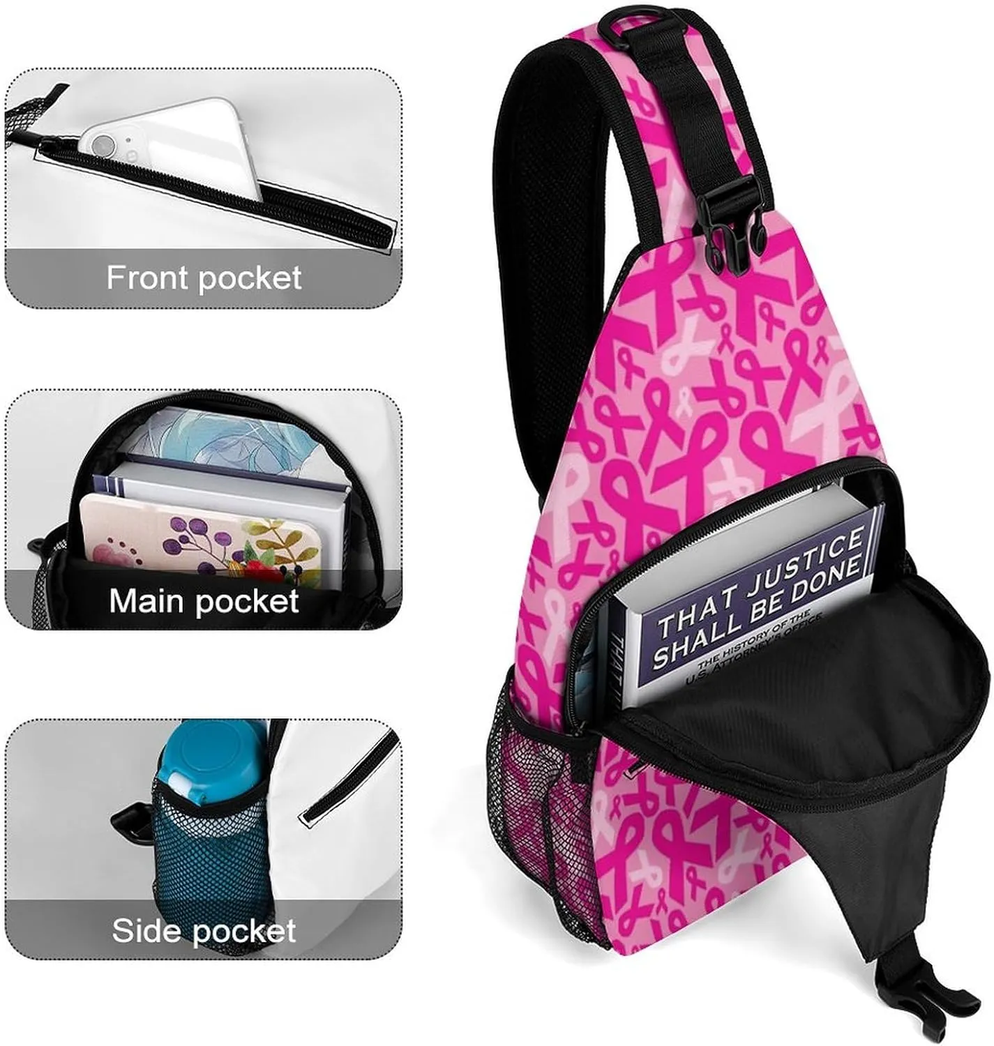 Men Women Sling Bag, for Breast Cancer Ribbons Crossbody Shoulder Chest Bags With Adjustable Strap, For Travel Gym Sport Hiking Shopping