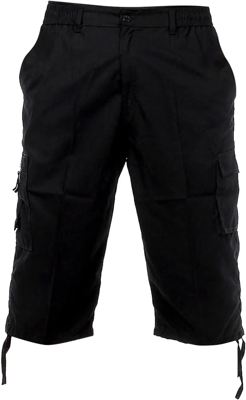 Mens 3/4 Long Cargo Shorts Casual Elastic Waist Below Knee Capri Work Pants Twill Military Tactical Hiking Pants