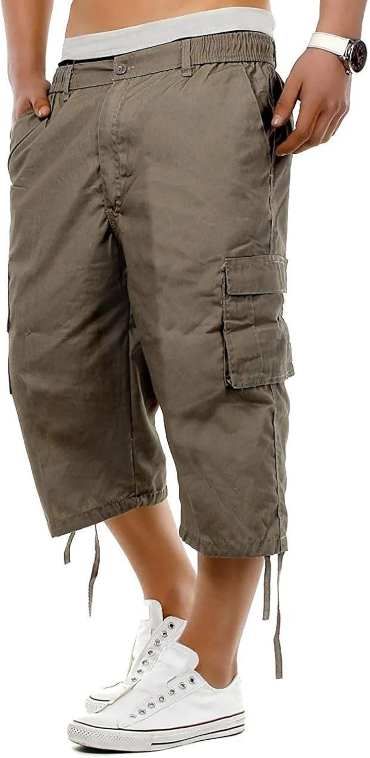 Mens 3/4 Long Cargo Shorts Casual Elastic Waist Below Knee Capri Work Pants Twill Military Tactical Hiking Pants