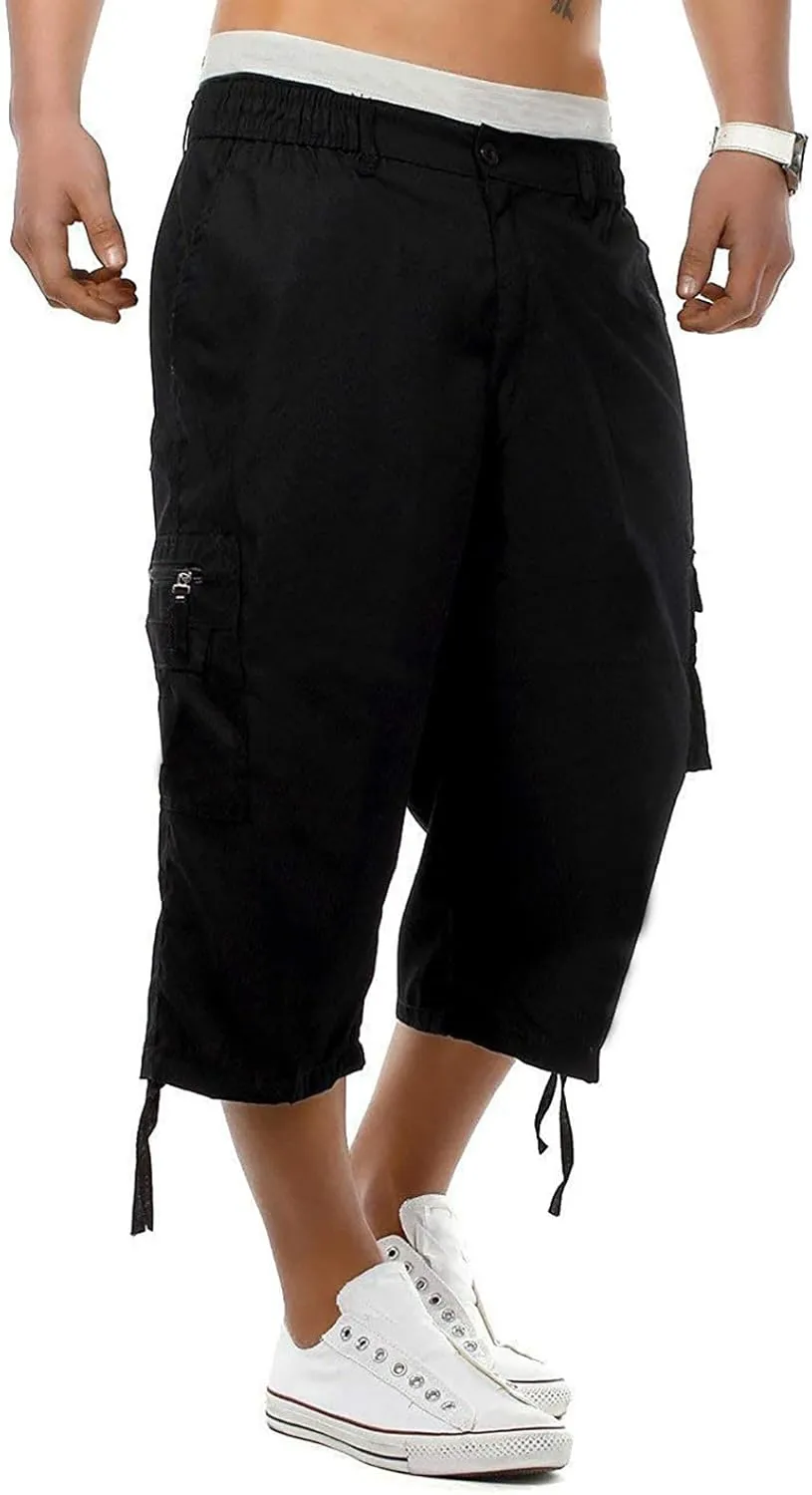 Mens 3/4 Long Cargo Shorts Casual Elastic Waist Below Knee Capri Work Pants Twill Military Tactical Hiking Pants