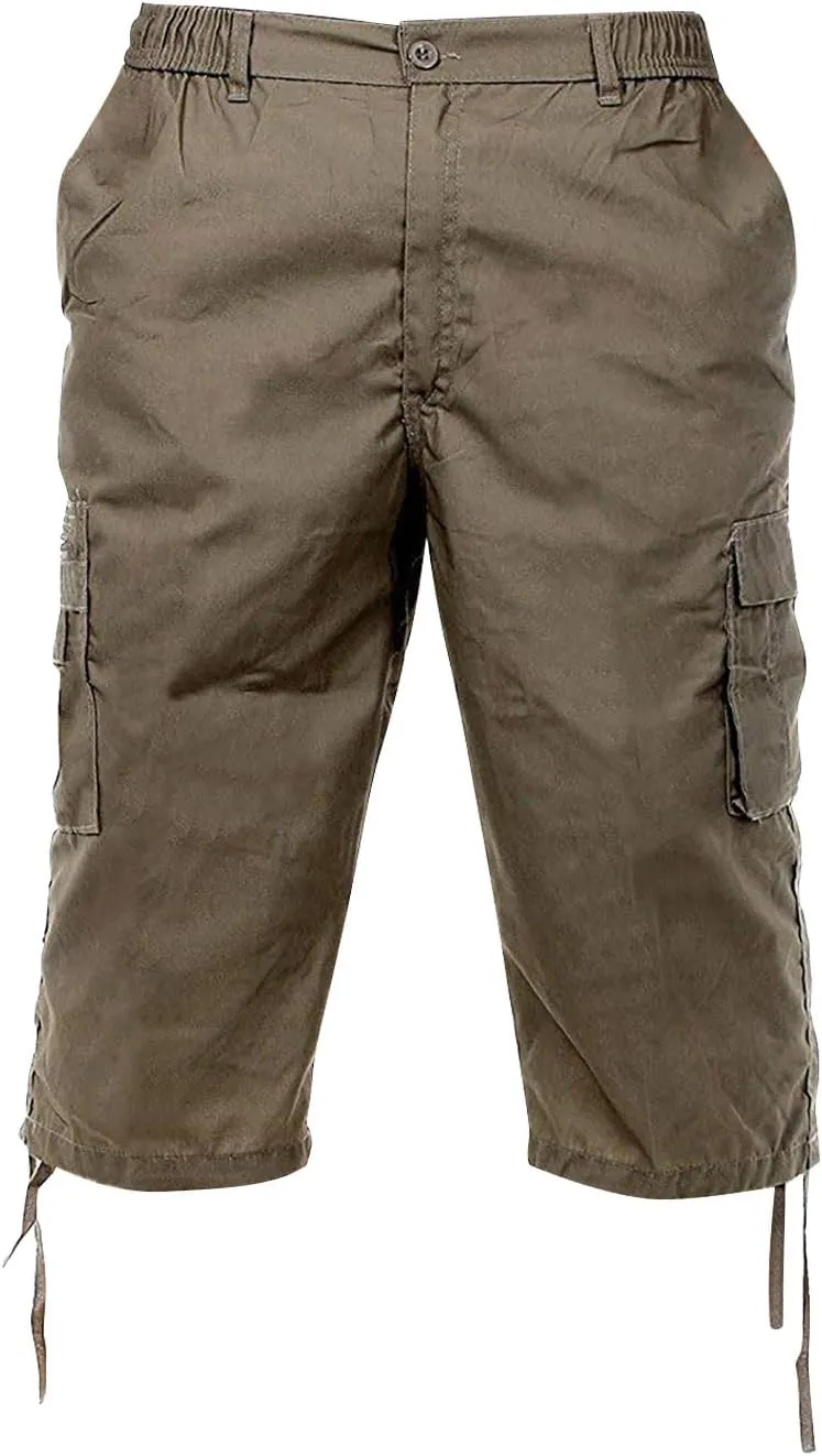 Mens 3/4 Long Cargo Shorts Casual Elastic Waist Below Knee Capri Work Pants Twill Military Tactical Hiking Pants