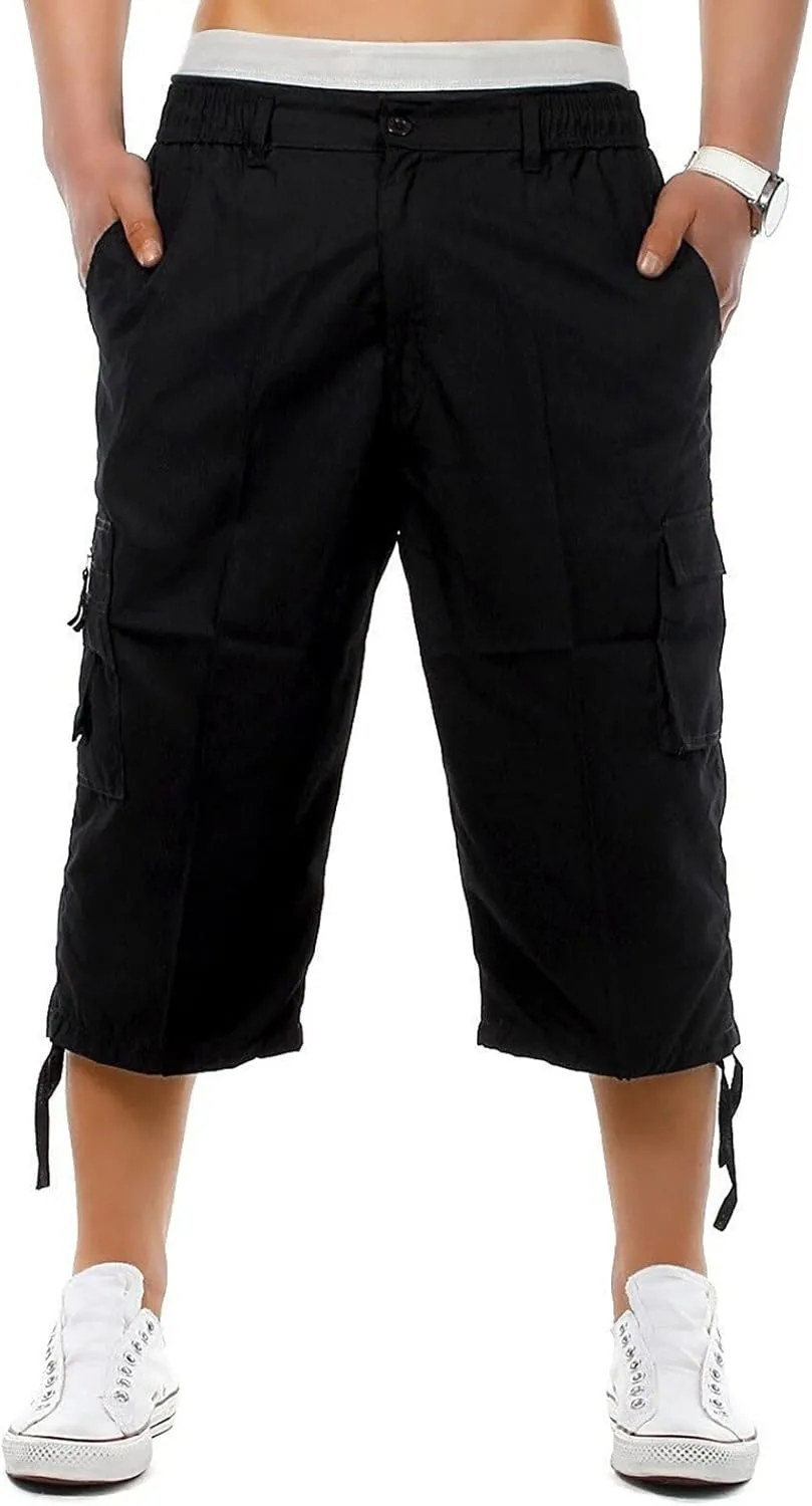 Mens 3/4 Long Cargo Shorts Casual Elastic Waist Below Knee Capri Work Pants Twill Military Tactical Hiking Pants