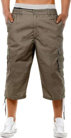 Mens 3/4 Long Cargo Shorts Casual Elastic Waist Below Knee Capri Work Pants Twill Military Tactical Hiking Pants