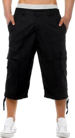 Mens 3/4 Long Cargo Shorts Casual Elastic Waist Below Knee Capri Work Pants Twill Military Tactical Hiking Pants