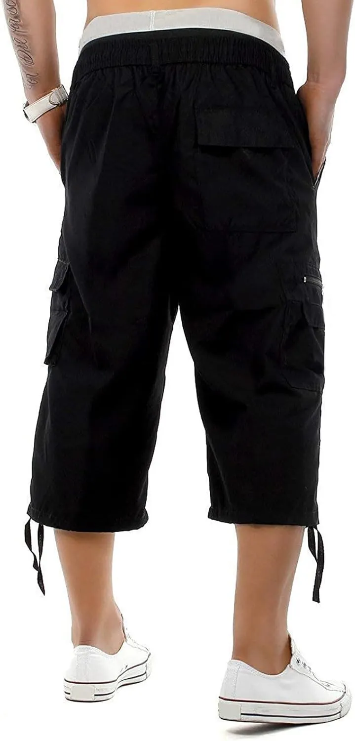 Mens 3/4 Long Cargo Shorts Casual Elastic Waist Below Knee Capri Work Pants Twill Military Tactical Hiking Pants