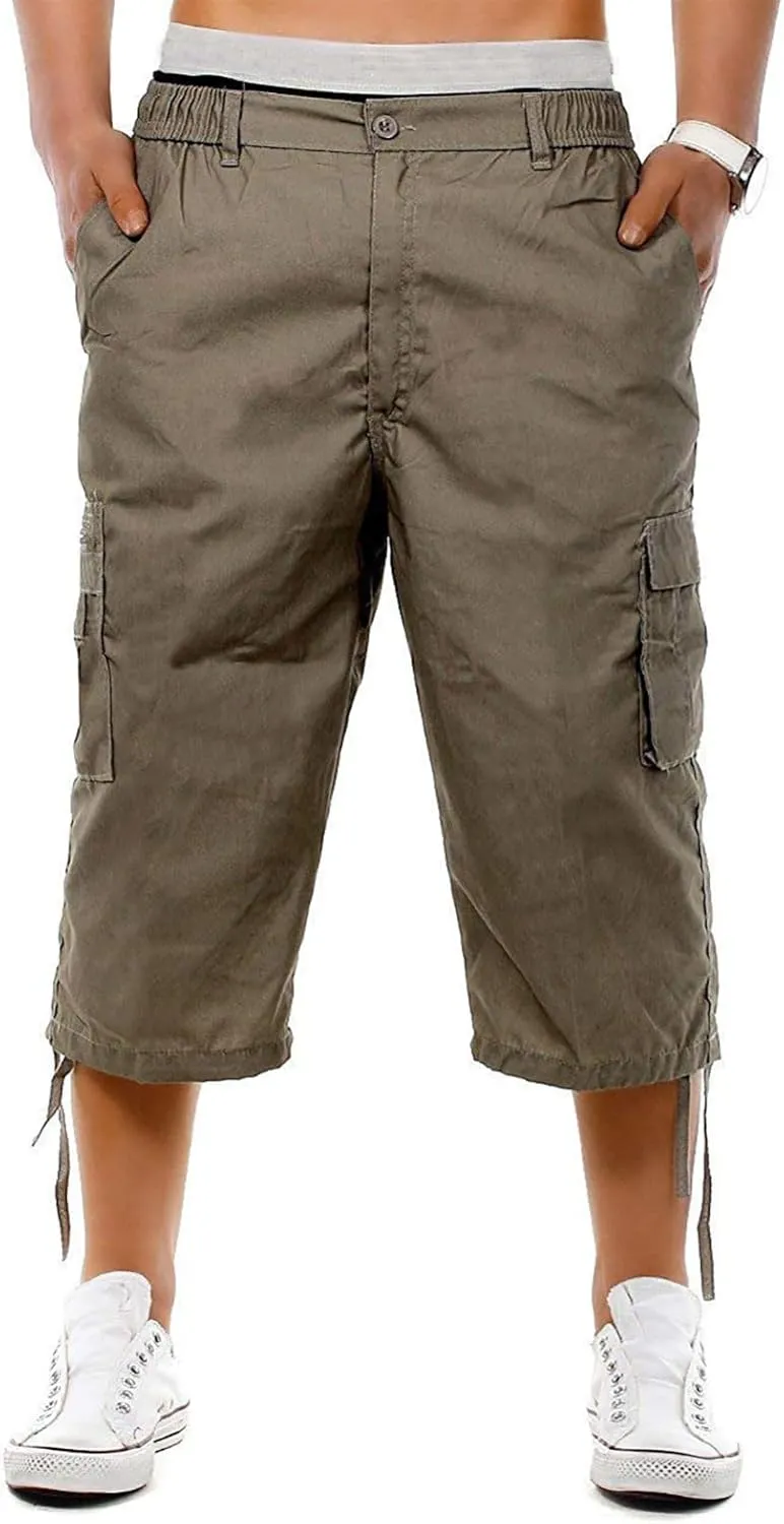 Mens 3/4 Long Cargo Shorts Casual Elastic Waist Below Knee Capri Work Pants Twill Military Tactical Hiking Pants