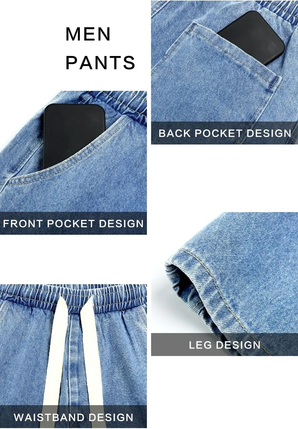 Mens Baggy Jeans Elastic Waisted Denim Pants for Men with Drawstring Streetwear