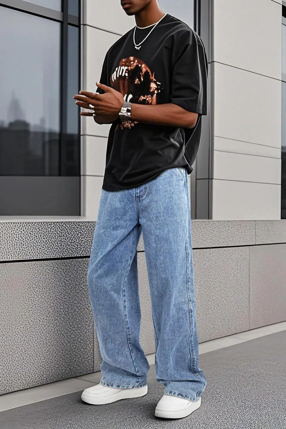 Mens Baggy Jeans Elastic Waisted Denim Pants for Men with Drawstring Streetwear