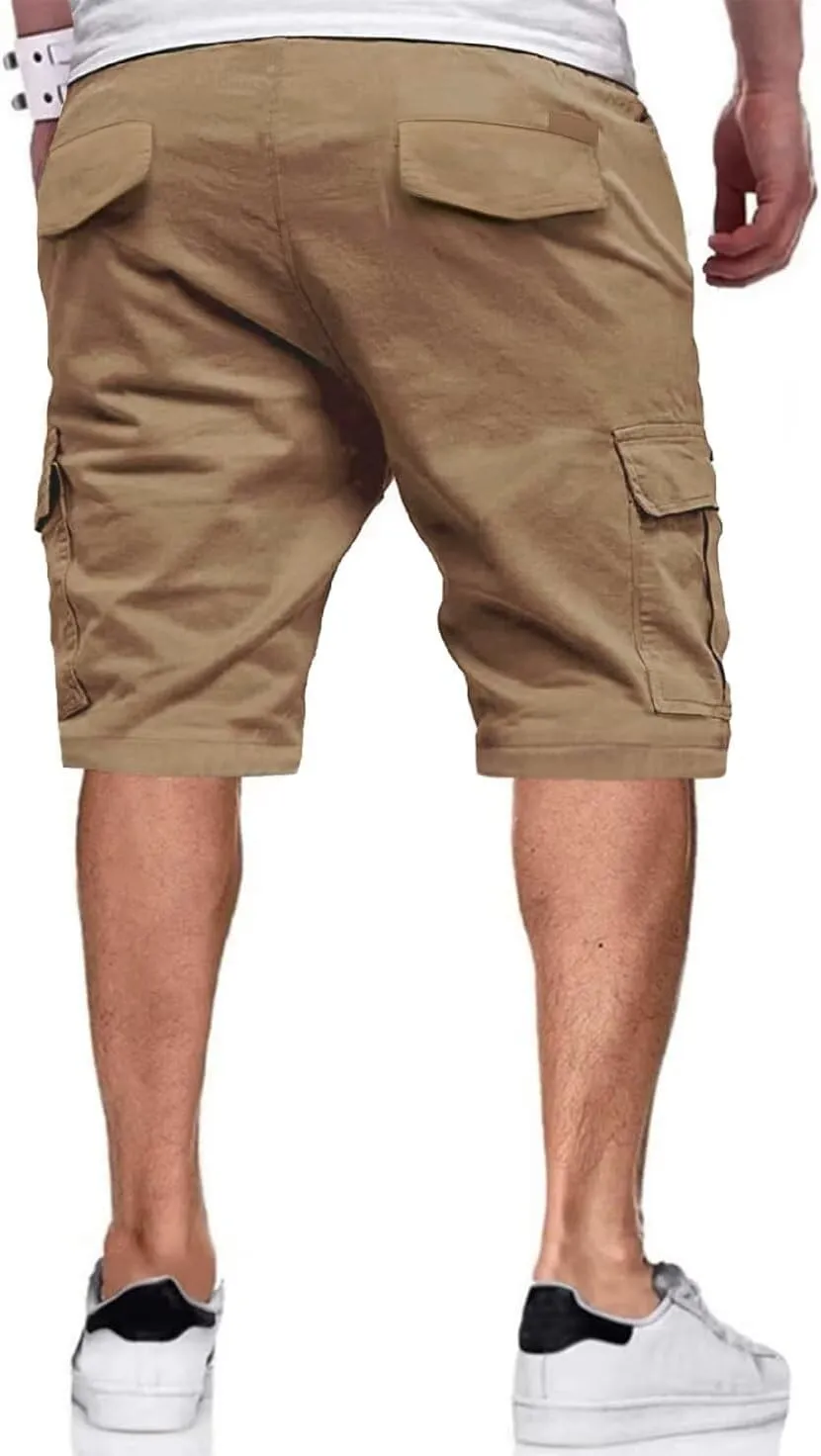 Mens Cargo Shorts Casual Waist Elastic Drawstring Outdoor Golf Shorts with 6 Pockets