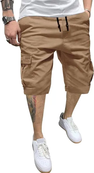 Mens Cargo Shorts Casual Waist Elastic Drawstring Outdoor Golf Shorts with 6 Pockets