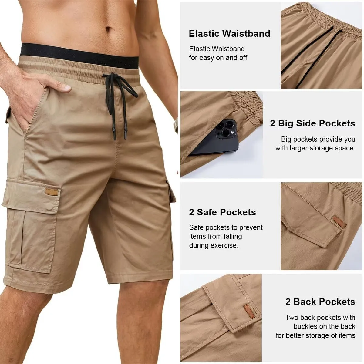 Mens Cargo Shorts Casual Waist Elastic Drawstring Outdoor Golf Shorts with 6 Pockets