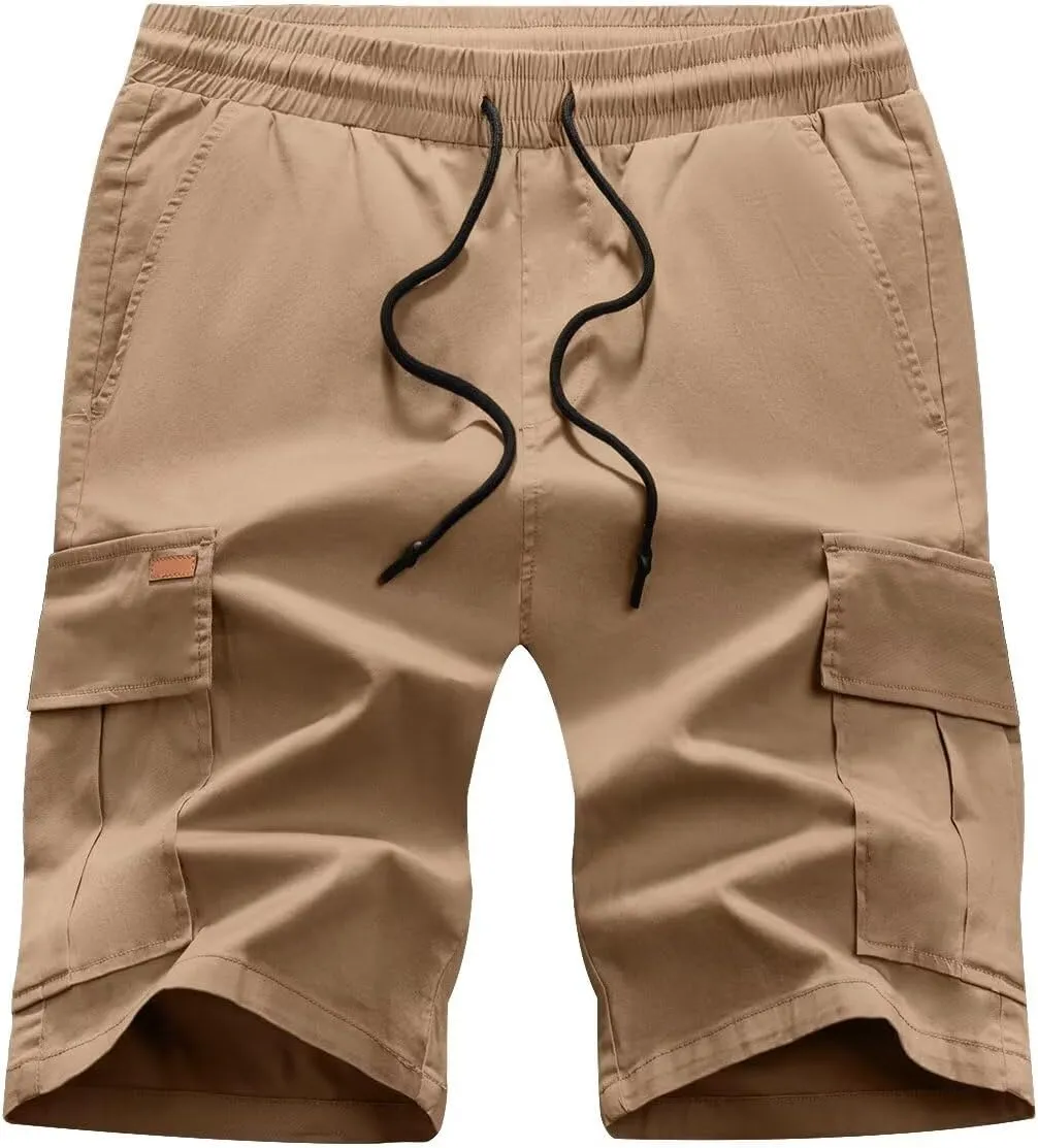 Mens Cargo Shorts Casual Waist Elastic Drawstring Outdoor Golf Shorts with 6 Pockets