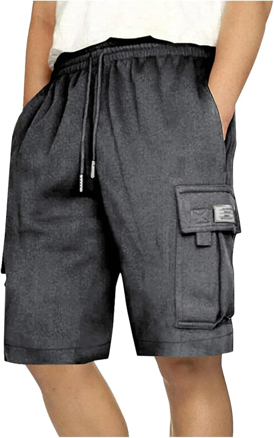Mens Cargo Shorts Cotton Elastic Waist Casual Shorts Drawstring Athletic Shorts with Multi Pockets