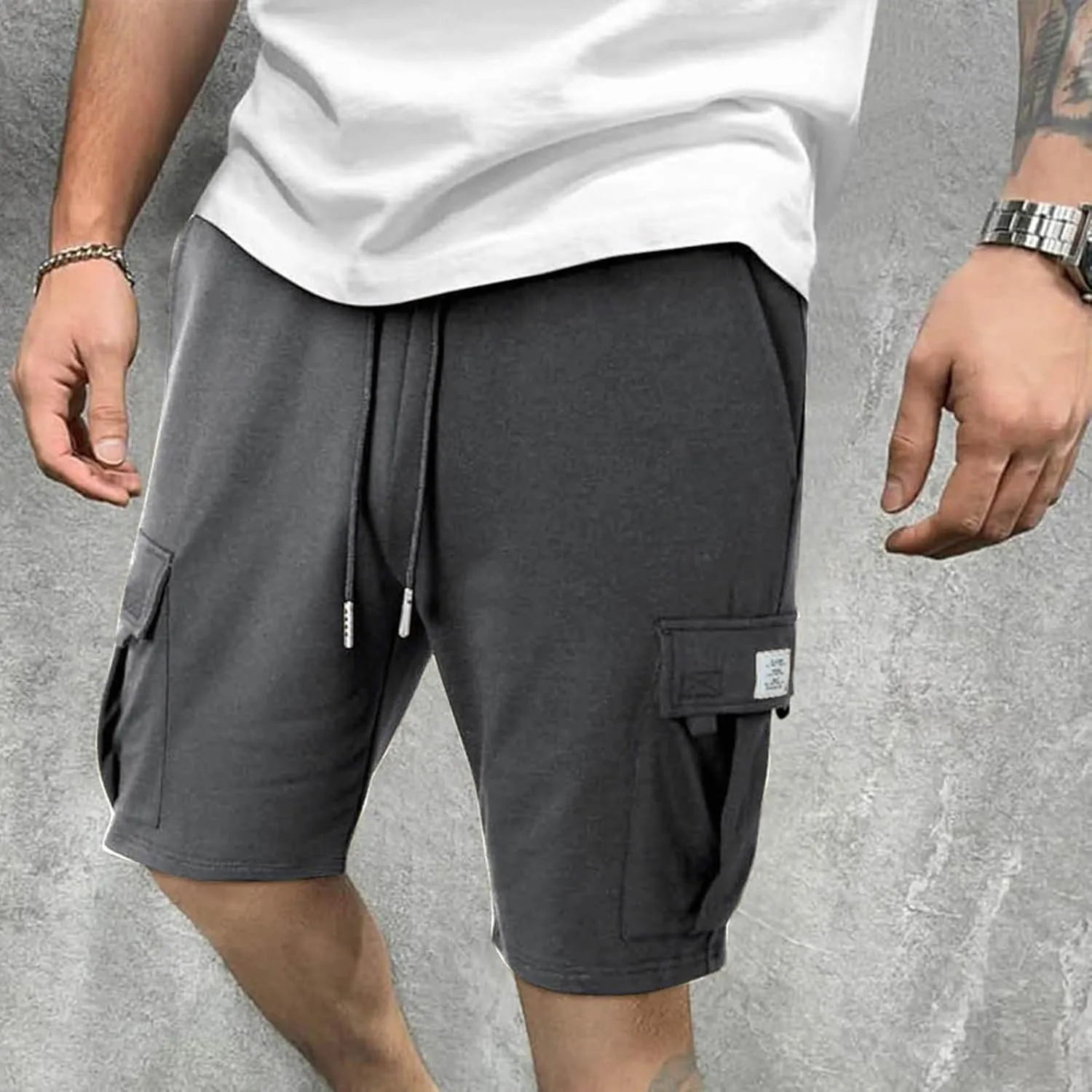 Mens Cargo Shorts Cotton Elastic Waist Casual Shorts Drawstring Athletic Shorts with Multi Pockets