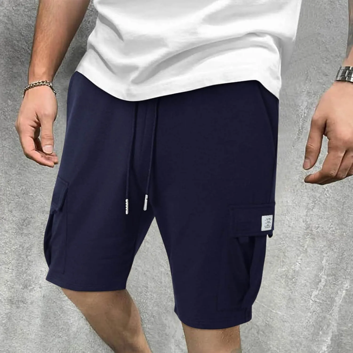 Mens Cargo Shorts Cotton Elastic Waist Casual Shorts Drawstring Athletic Shorts with Multi Pockets