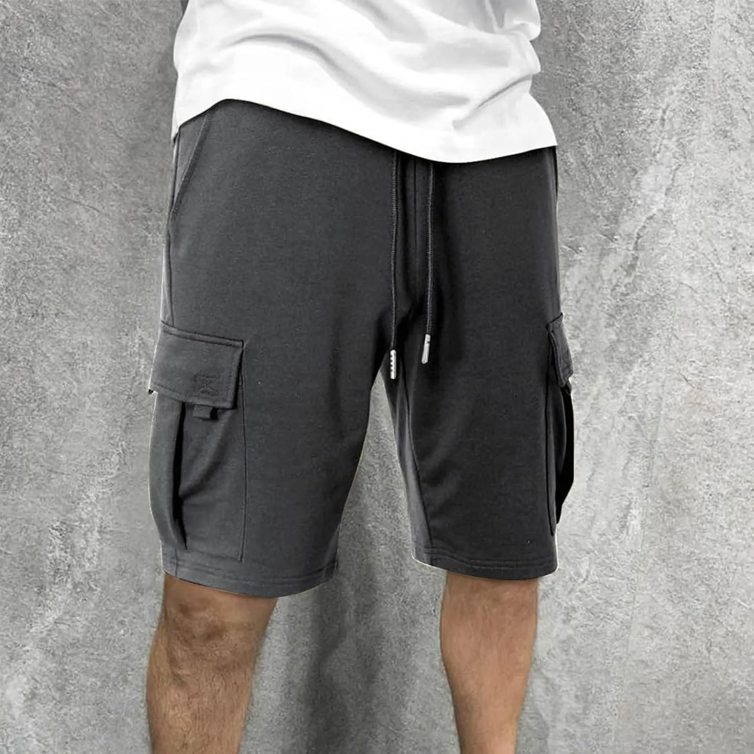 Mens Cargo Shorts Cotton Elastic Waist Casual Shorts Drawstring Athletic Shorts with Multi Pockets