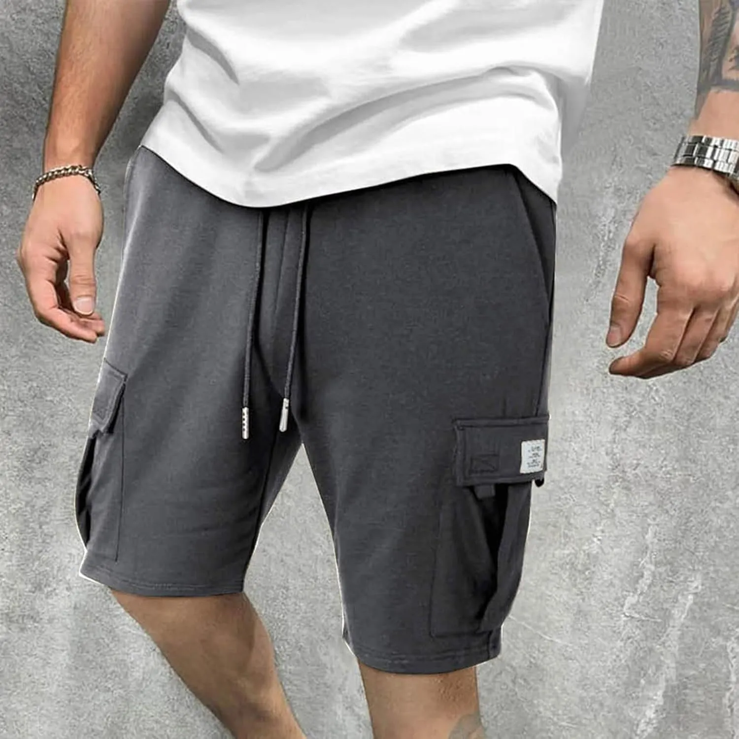 Mens Cargo Shorts Cotton Elastic Waist Casual Shorts Drawstring Athletic Shorts with Multi Pockets