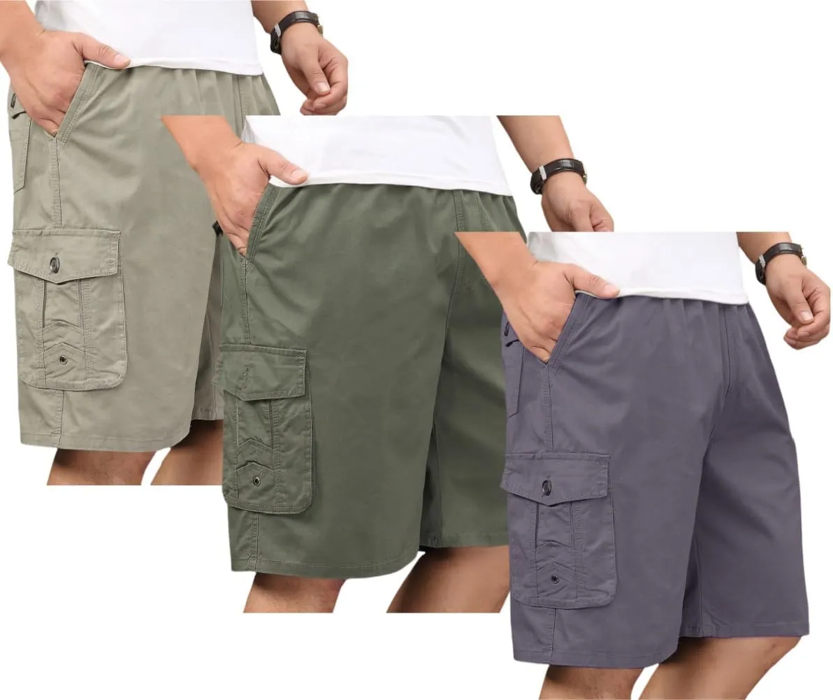 Men's Cotton Full Elastic Waist Cargo Shorts Loose Fit Drawstring Short
