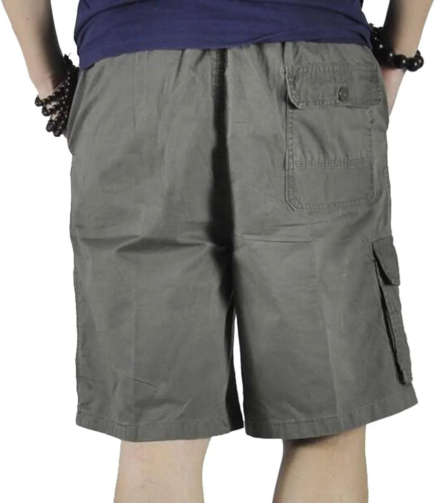 Mens Cotton Loose Drawstring Cargo Short with Full Elastic Waist